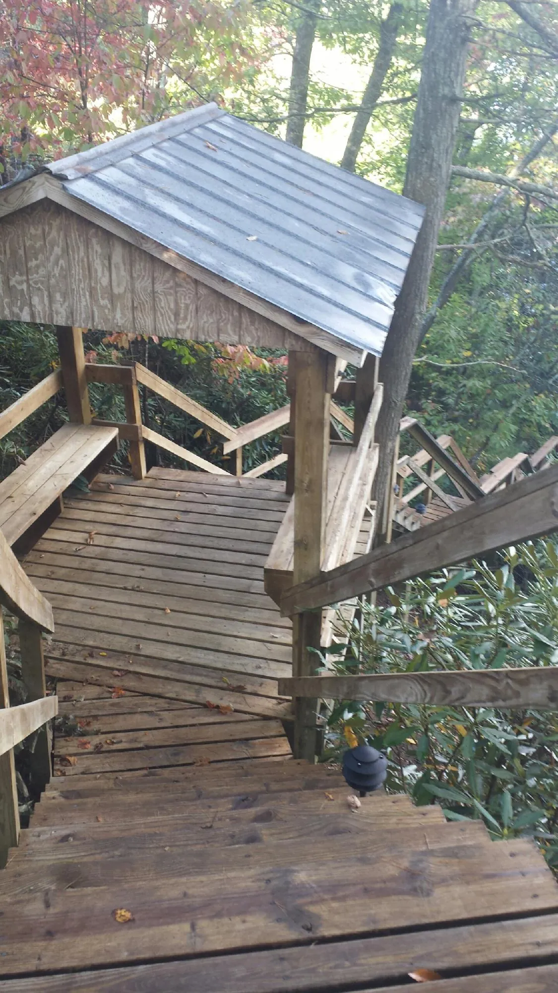 Metal roofed shelter over wooden steps on a wooded walkway — Skylight Repair & Installation work by our crew in Shorter